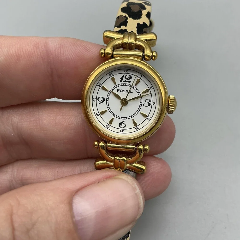 Fossil Womens Watch 23mm White Dial Gold Tone Leopard Leather Band New Battery
